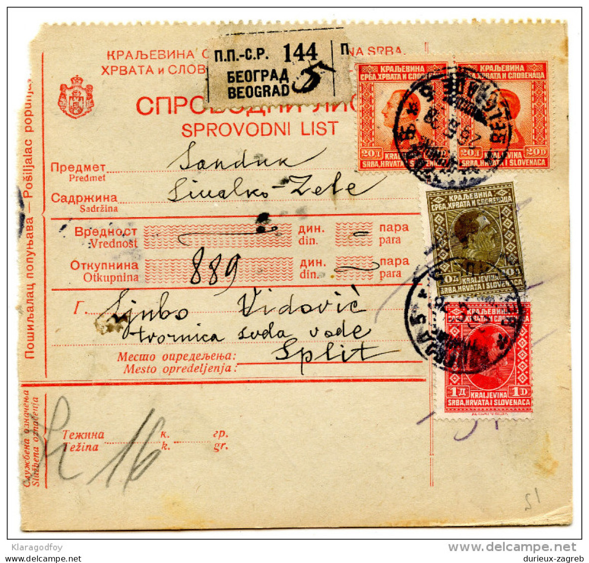 Yugoslavia Kingdom SHS 1928 Sprovodni List - Parcel Card Beograd - Split Bb151204 - Other & Unclassified