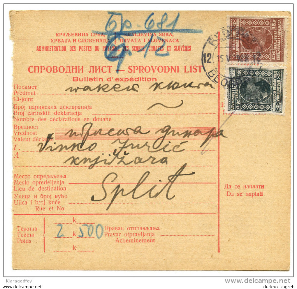 Yugoslavia Kingdom SHS 1928 Sprovodni List - Parcel Card Beograd - Split Bb151204 - Autres & Non Classés