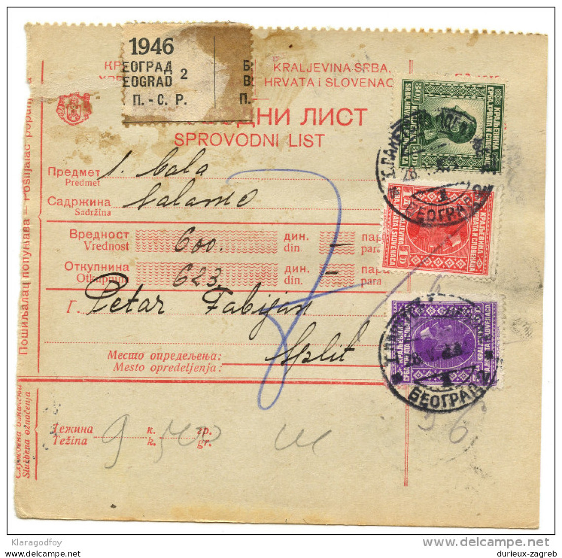 Yugoslavia Kingdom SHS 1928 Sprovodni List - Parcel Card Beograd - Split Bb151204 - Altri & Non Classificati