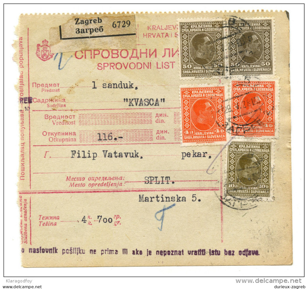 Yugoslavia Kingdom SHS 1928 Sprovodni List - Parcel Card Zagreb - Split Bb151204 - Sonstige & Ohne Zuordnung