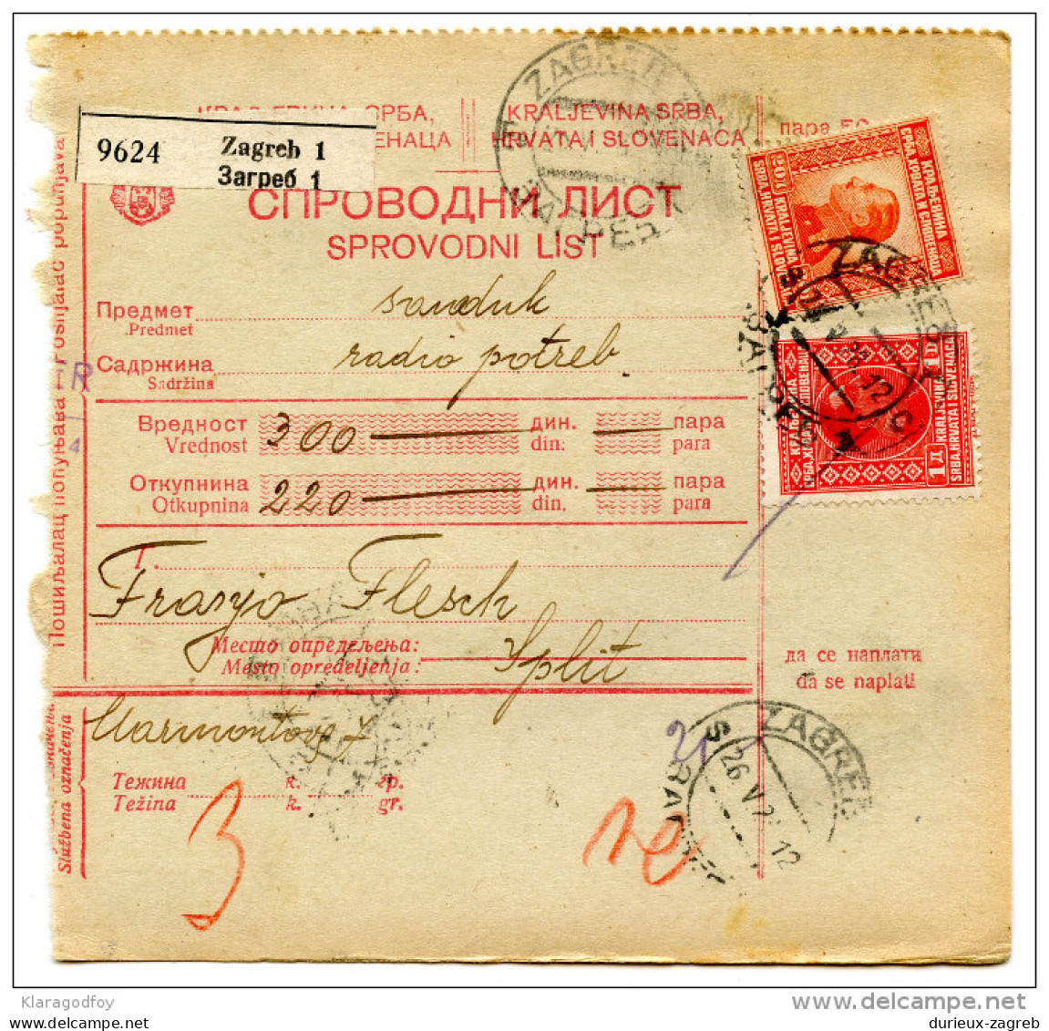 Yugoslavia Kingdom SHS 1928 Sprovodni List - Parcel Card Zagreb - Split Bb151204 - Other & Unclassified