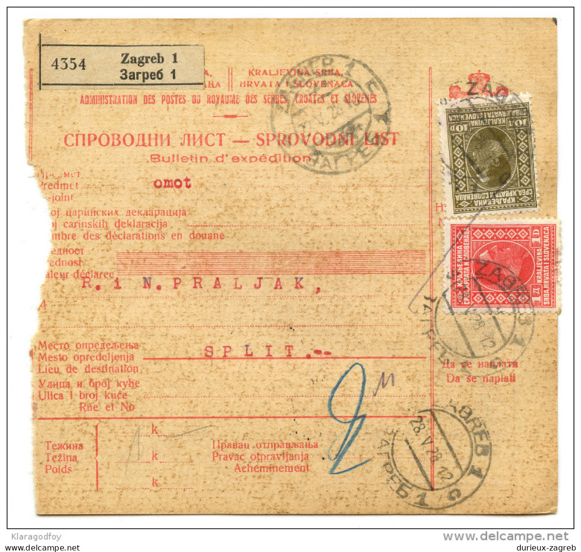 Yugoslavia Kingdom SHS 1928 Sprovodni List - Parcel Card Zagreb - Split Bb151204 - Autres & Non Classés