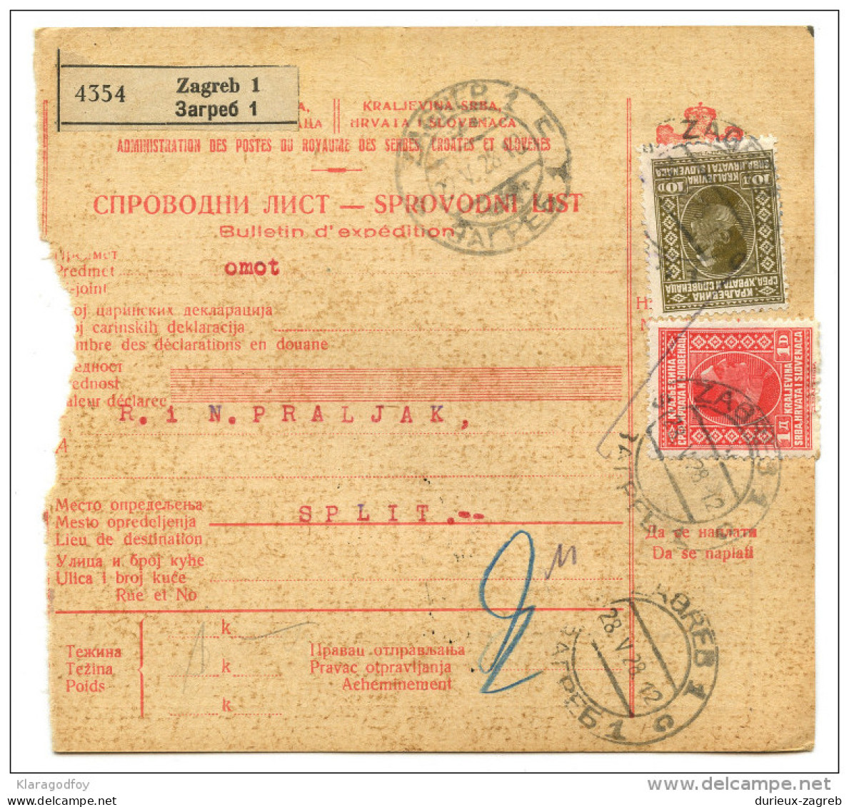 Yugoslavia Kingdom SHS 1928 Sprovodni List - Parcel Card Zagreb - Split Bb151204 - Other & Unclassified