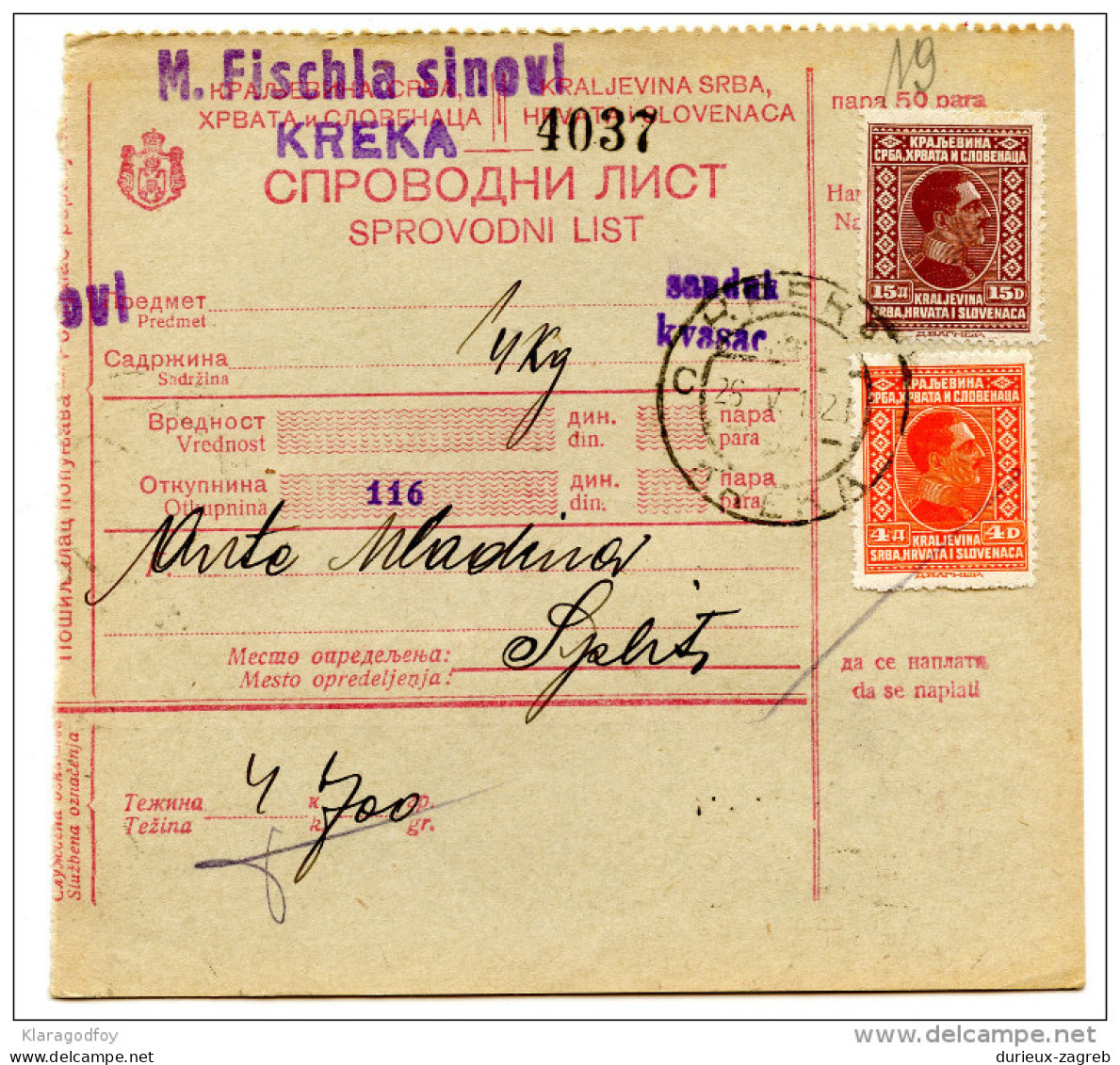 Yugoslavia Kingdom SHS 1928 Sprovodni List - Parcel Card Kreka - Split Bb151204 - Autres & Non Classés