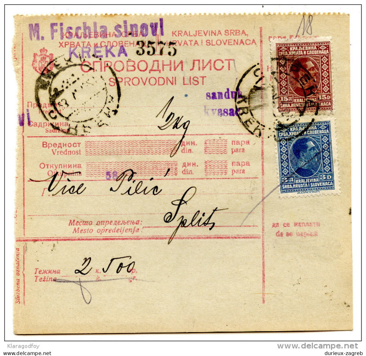 Yugoslavia Kingdom SHS 1928 Sprovodni List - Parcel Card Kreka - Split Bb151204 - Autres & Non Classés