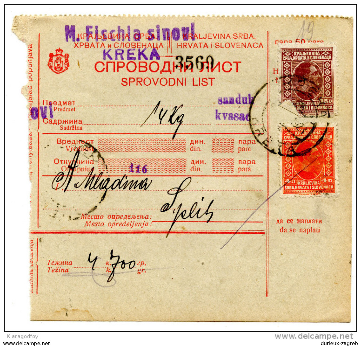 Yugoslavia Kingdom SHS 1928 Sprovodni List - Parcel Card Kreka - Split Bb151204 - Autres & Non Classés