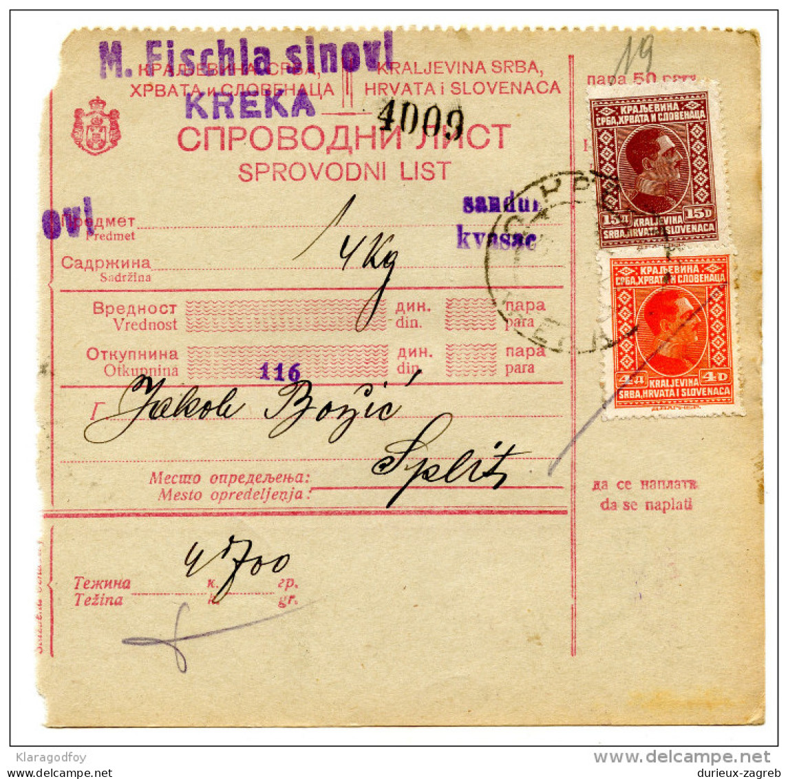 Yugoslavia Kingdom SHS 1928 Sprovodni List - Parcel Card Kreka - Split Bb151204 - Otros & Sin Clasificación