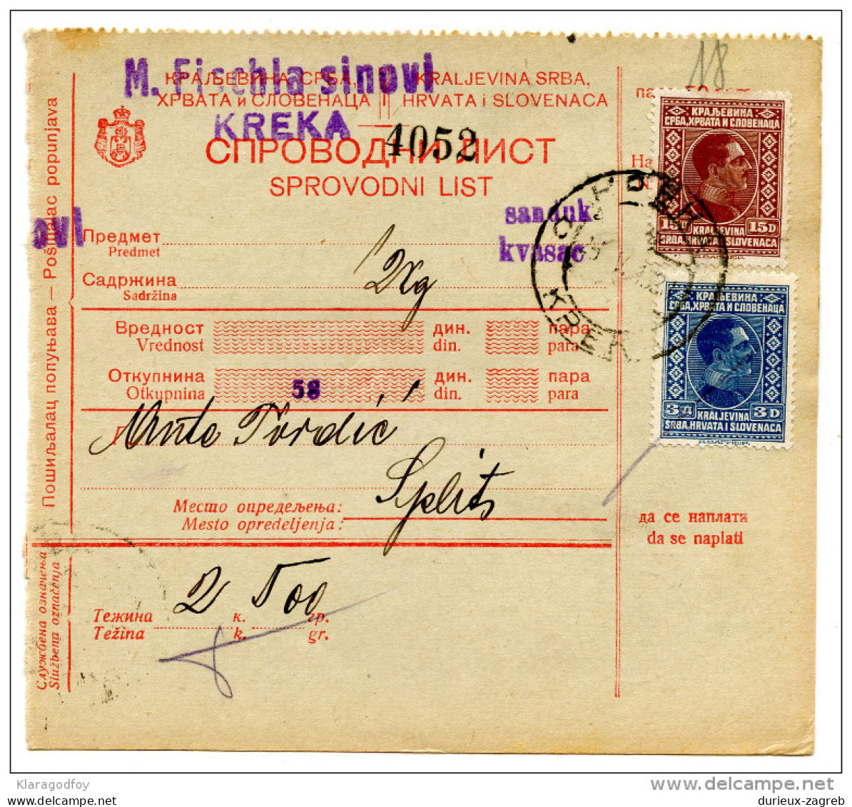 Yugoslavia Kingdom SHS 1928 Sprovodni List - Parcel Card Kreka - Split Bb151204 - Sonstige & Ohne Zuordnung