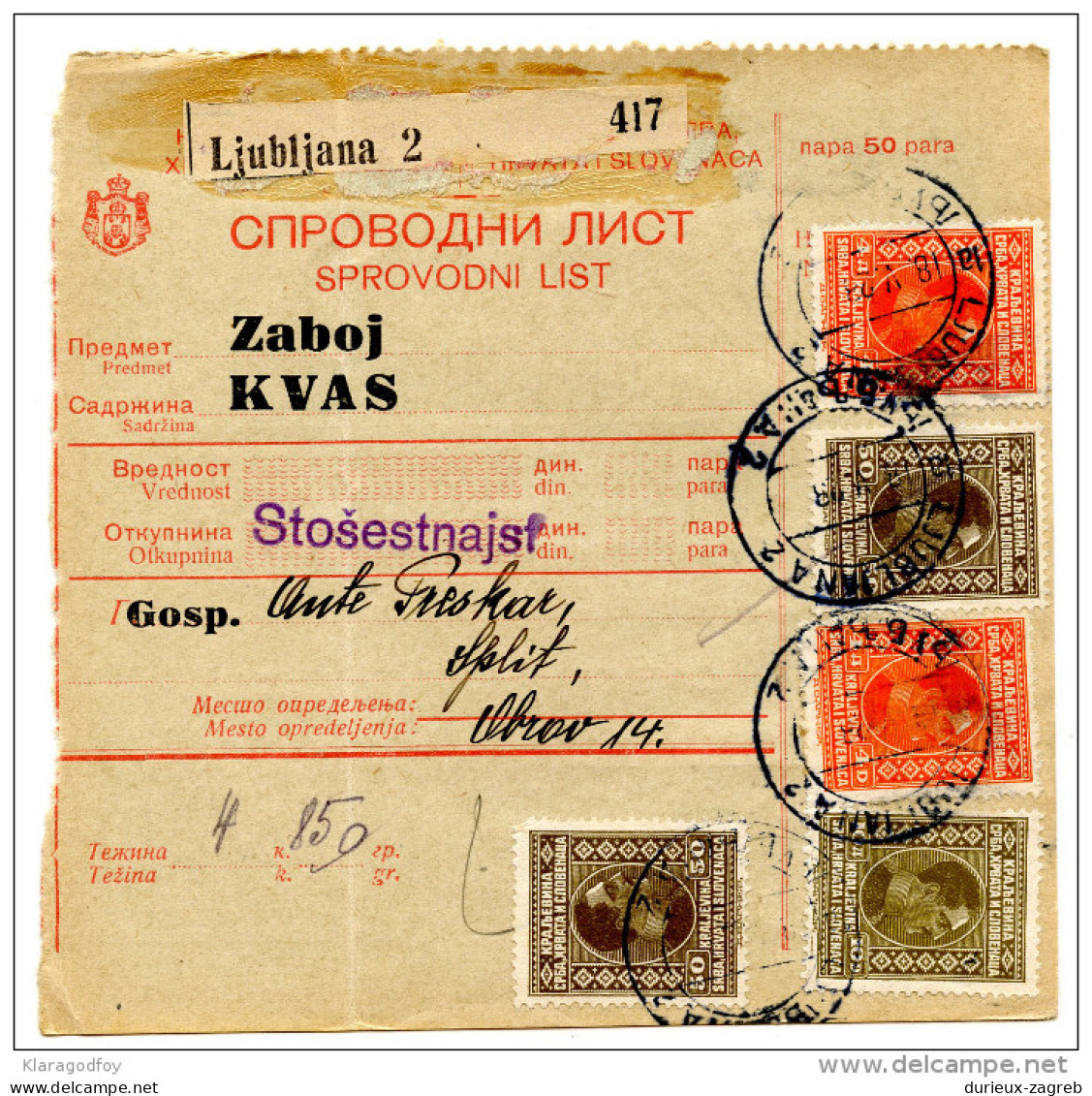 Yugoslavia Kingdom SHS 1928 Sprovodni List - Parcel Card Ljubljana - Split Bb151204 - Otros & Sin Clasificación