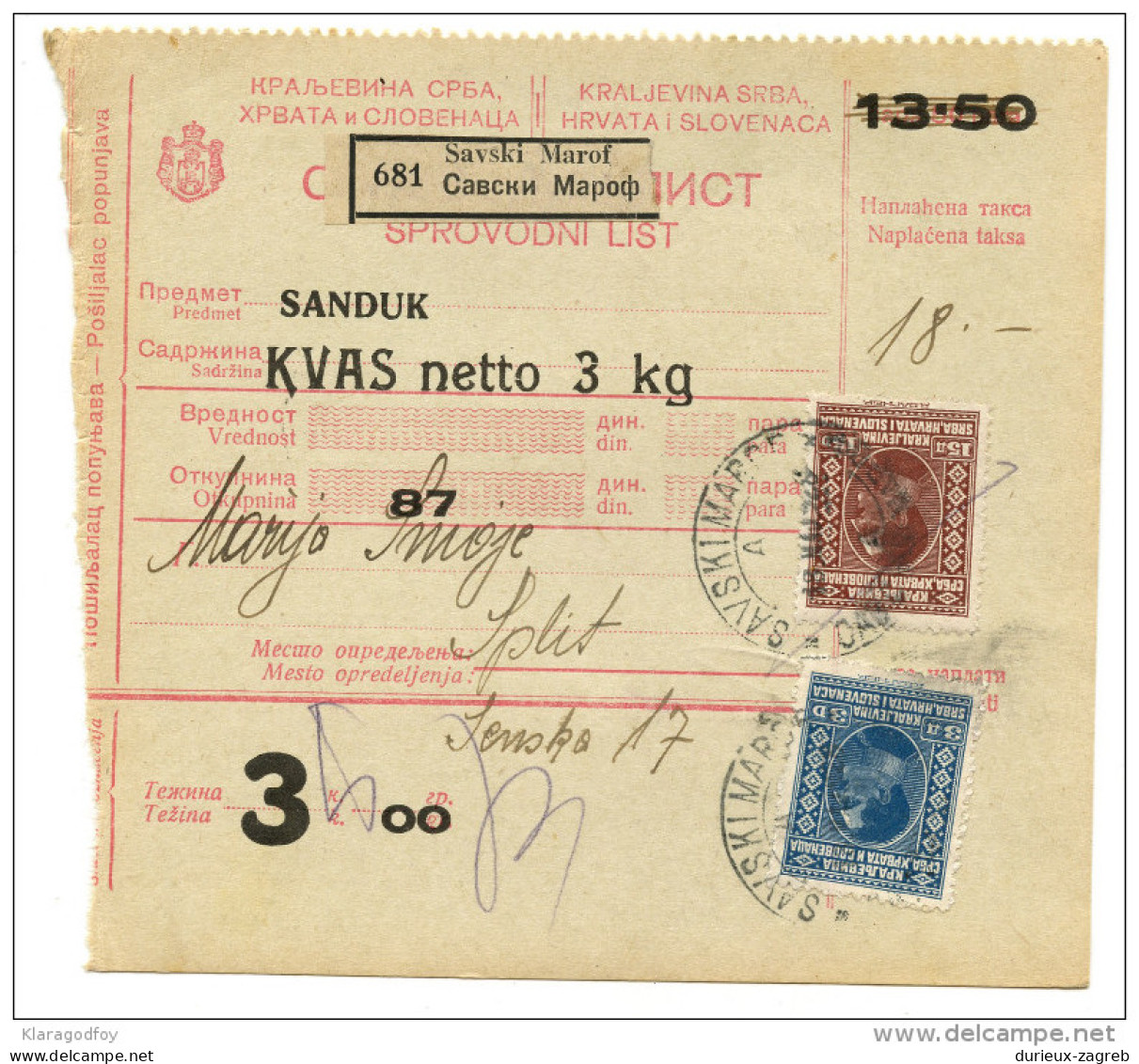 Yugoslavia Kingdom SHS 1928 Sprovodni List - Parcel Card Savski Marof - Split Bb151204 - Other & Unclassified