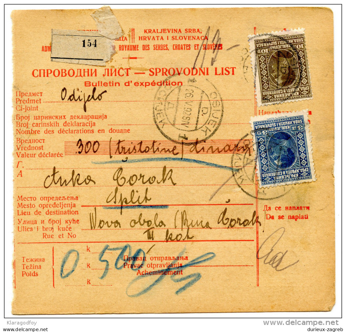 Yugoslavia Kingdom SHS 1928 Sprovodni List - Parcel Card Osijek - Split Bb151204 - Other & Unclassified