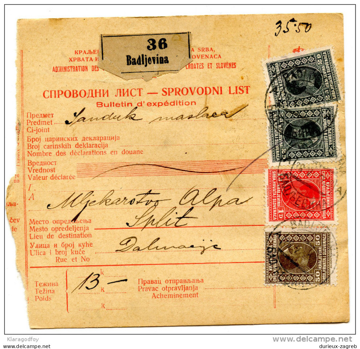 Yugoslavia Kingdom SHS 1928 Sprovodni List - Parcel Card Badljevina - Split Bb151204 - Autres & Non Classés
