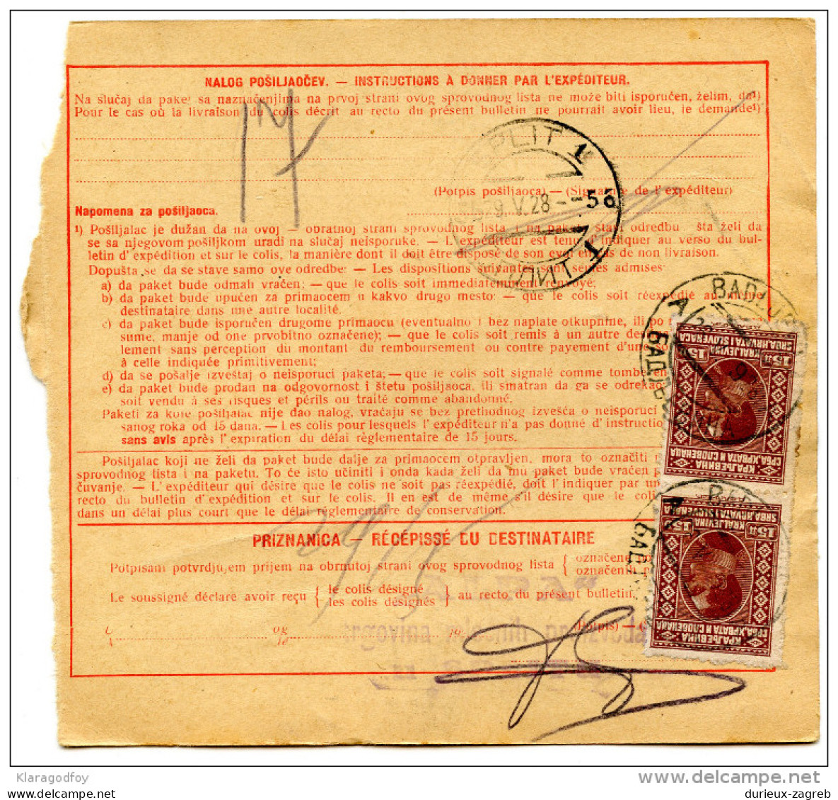 Yugoslavia Kingdom SHS 1928 Sprovodni List - Parcel Card Badljevina - Split Bb151204 - Otros & Sin Clasificación