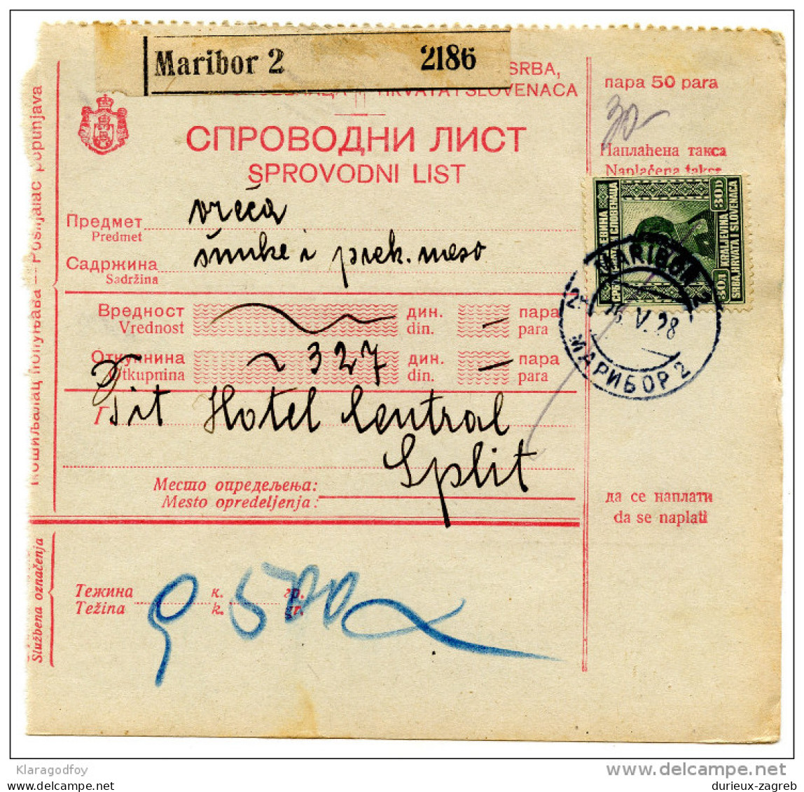 Yugoslavia Kingdom SHS 1928 Sprovodni List - Parcel Card Maribor - Split Bb151204 - Otros & Sin Clasificación