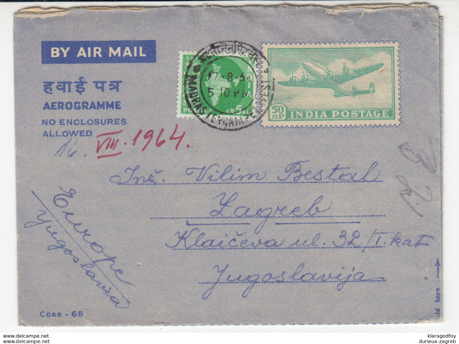 India Aerogramme Travelled 1964 To Yugoslavia 180525 - Airmail