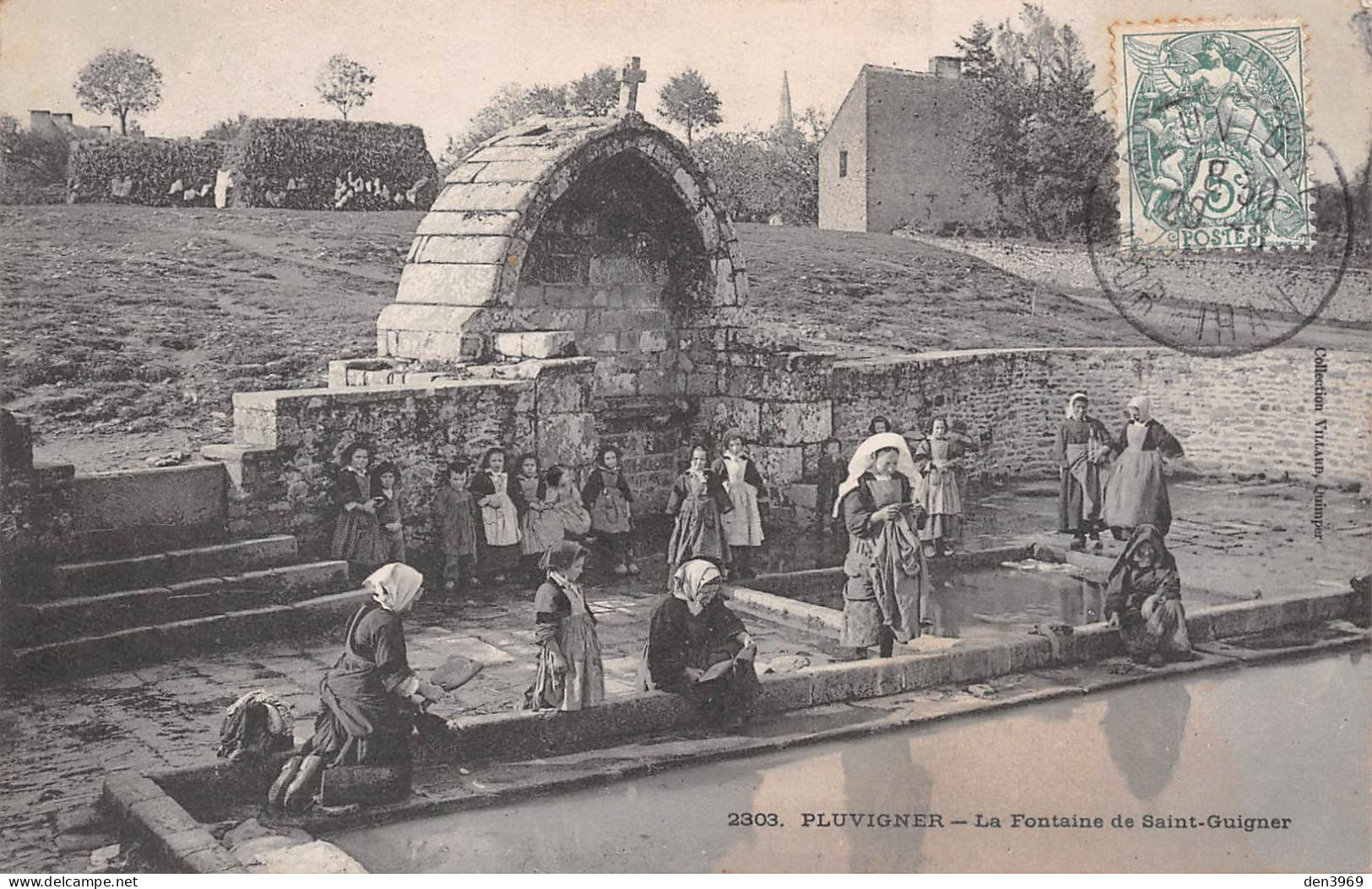 PLUVIGNER (Morbihan) - La Fontaine De Saint-Guigner - Laveuses, Lavandières - Voyagé 1907 (2 Scans) - Pluvigner