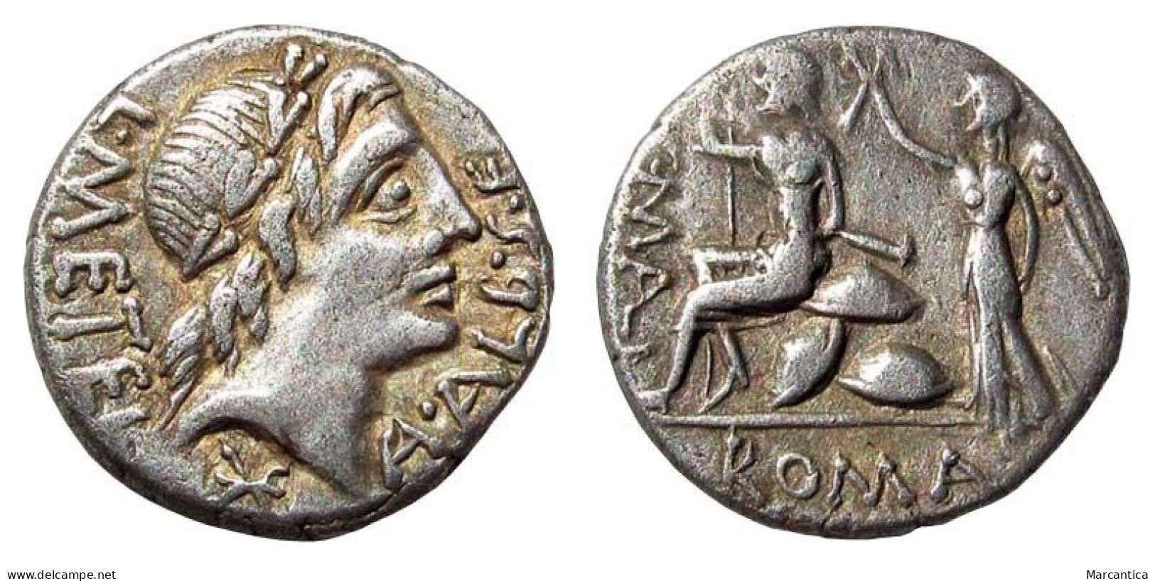 AR Denarius Of C. Malleolus, A. Albinus Sp.f. And L. Caecilius Metellus 96 BC., Roman Republic, Roma Seated On Pile Of S - République (-280 à -27)