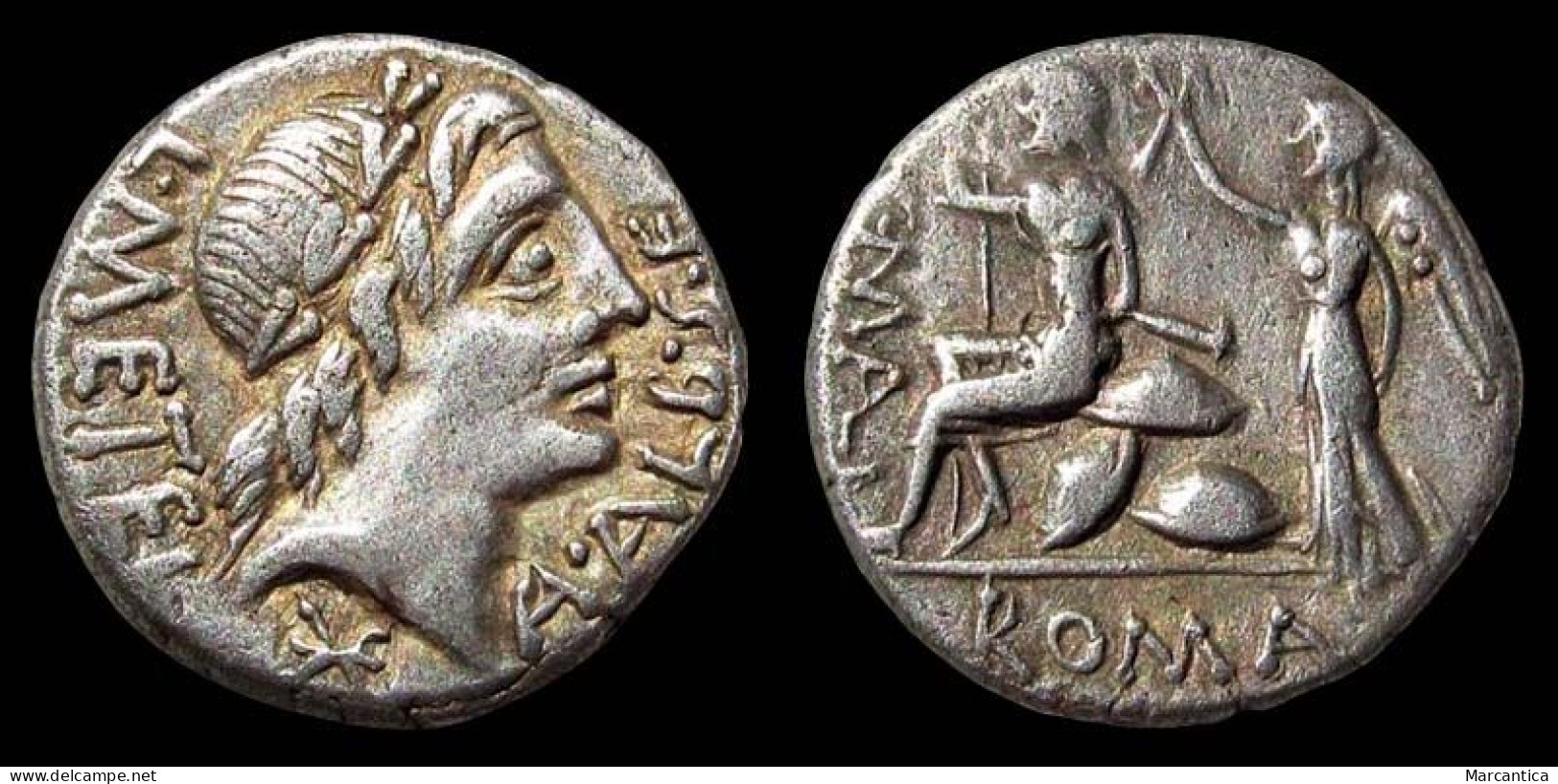 AR Denarius Of C. Malleolus, A. Albinus Sp.f. And L. Caecilius Metellus 96 BC., Roman Republic, Roma Seated On Pile Of S - Repubblica (-280 / -27)