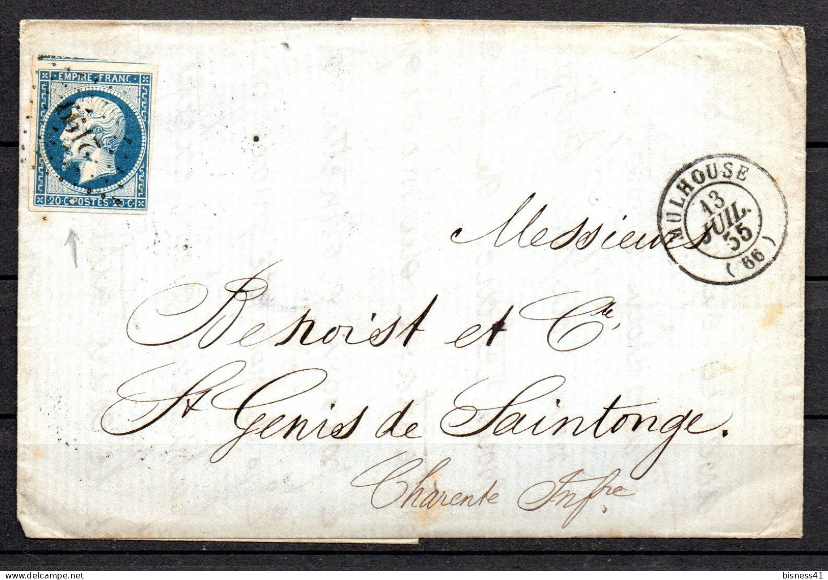 France Variété N° 14A Type I Bleu Foncé Napoléon Lettre Entière Oblitéré PC 2199 Mulhouse - 1853-1860 Napoléon III