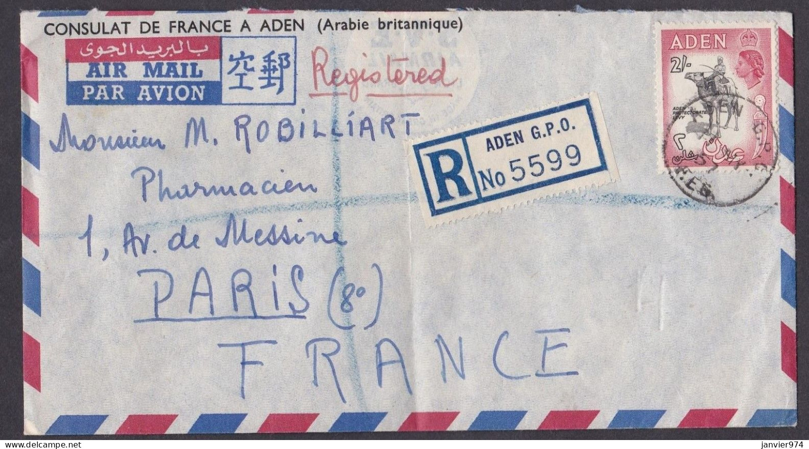 Enveloppe Enregistrée De 1957, Consulat De France à ADEN Pour M. Robilliart Paris. - Aden (1854-1963)