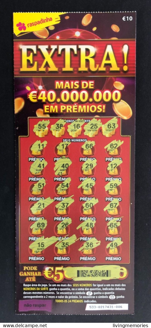 114 H, Lottery Ticket, Portugal, « Raspadinha », « Instant Lottery »,« EXTRA ! Mais De € 40.000.000 Em Prémios », Nº 533 - Billets De Loterie