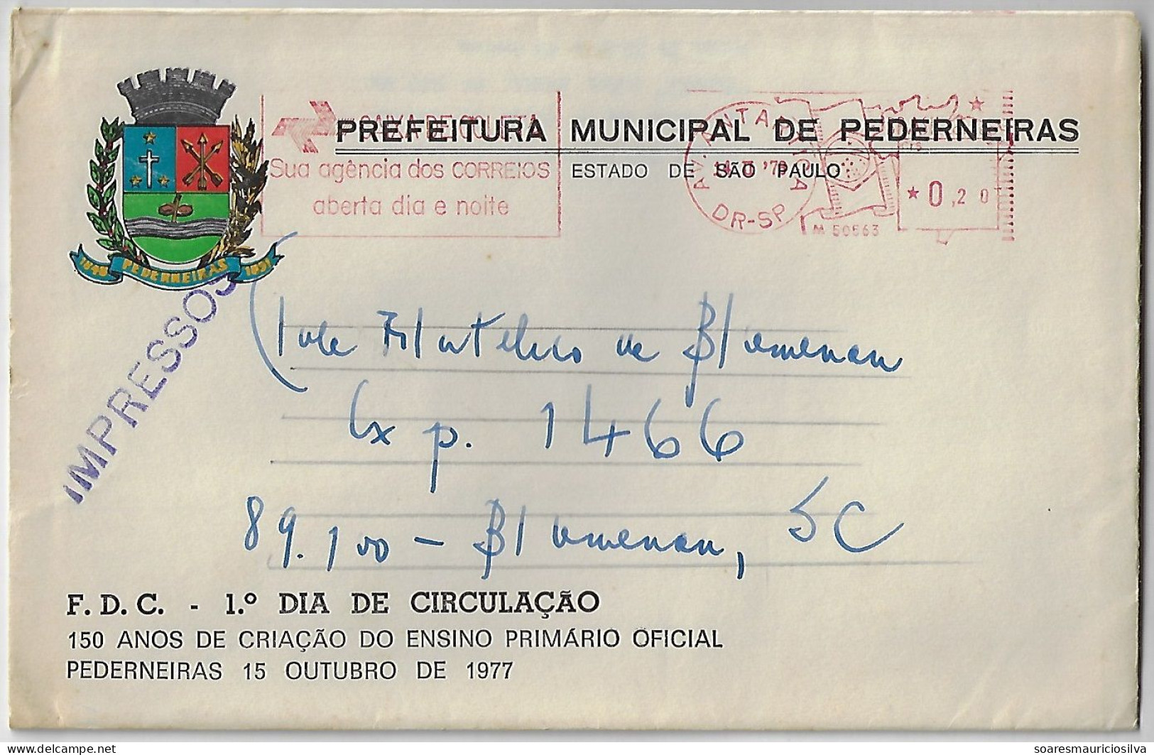 Brazil 1978 Cover São Paulo Agency Antarctica Avenue To Blumenau Meter Stamp Post Boxe your Post Office Open Day & Night - Storia Postale