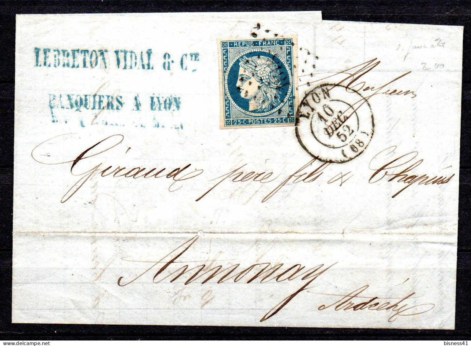 France N° 4  Bleu Cérès Sur Lettre Entière Oblitéré PC Lyon Cote 100€ - 1849-1850 Ceres
