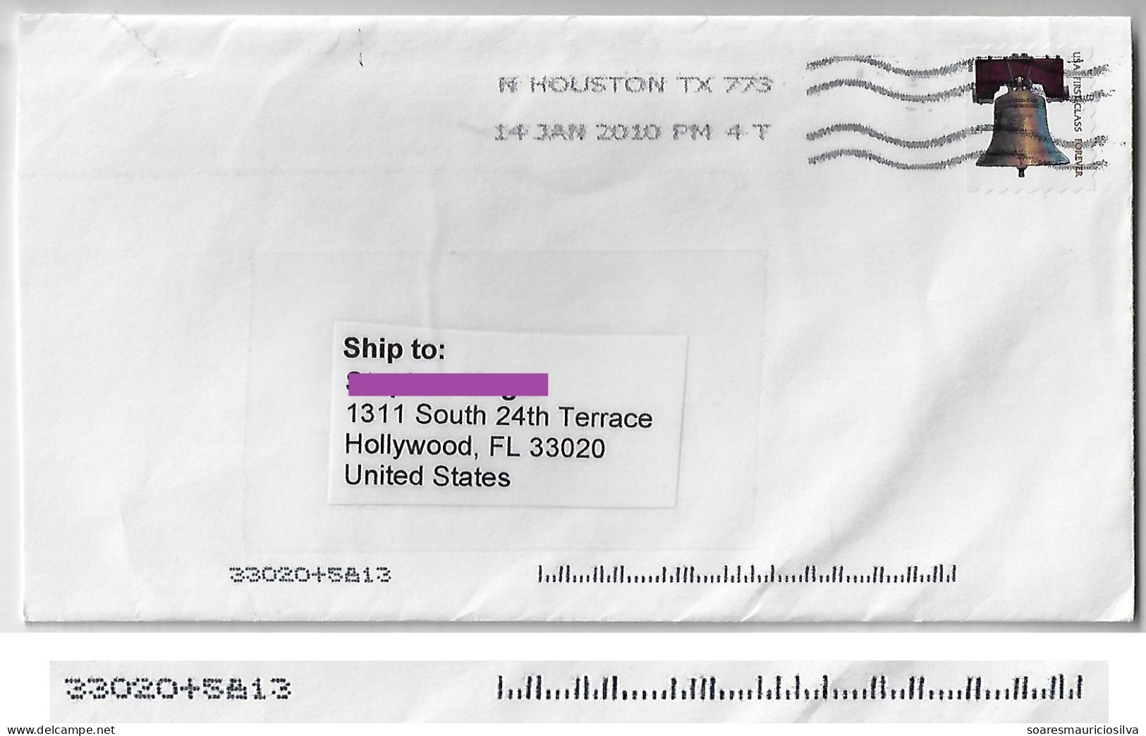 USA United States 2010 Cover From Houston To Hollywood Forever Stamp Liberty Bell Electronic Sorting Marks - Covers & Documents