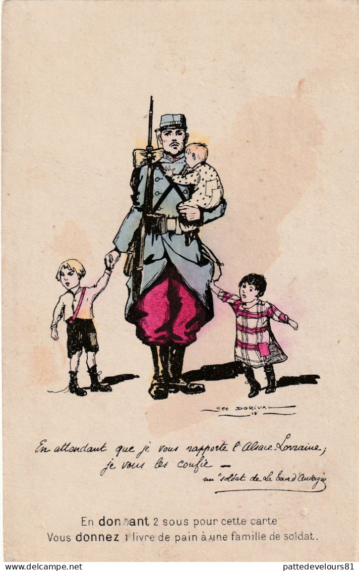 CPA Aquarellée Soldat Confiant Ses Enfants Militaire Militaria  Illustrateur Geo DORIVAL + Cachet Militaire Au Dos - Dorival