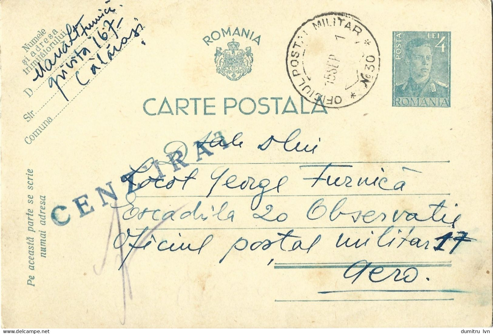 ROMANIA 1941 POSTCARD, CENSORED, OPM NO.30 POSTCARD STATIONERY - 2de Wereldoorlog (Brieven)
