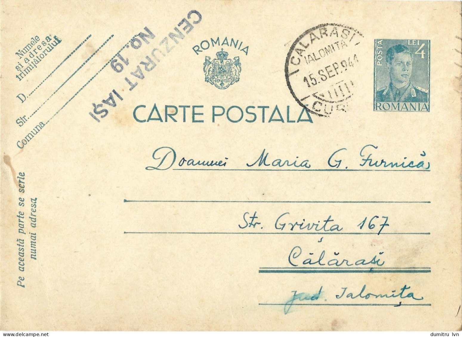 ROMANIA 1941 POSTCARD, CENSORED IASI NO.19 POSTCARD STATIONERY - World War 2 Letters