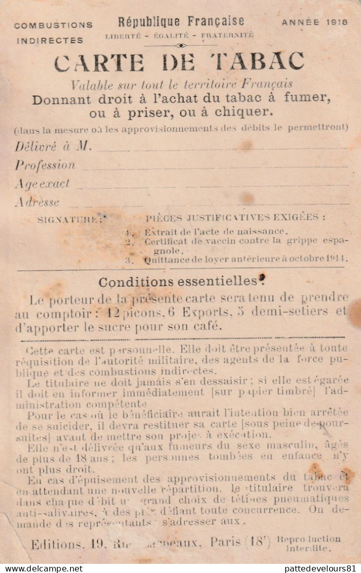 CPA Carte De Tabac 1918 Donnant Droit à L'achat Du Tabac Fumer Priser Chiquer Combustions Indirectes - Documents