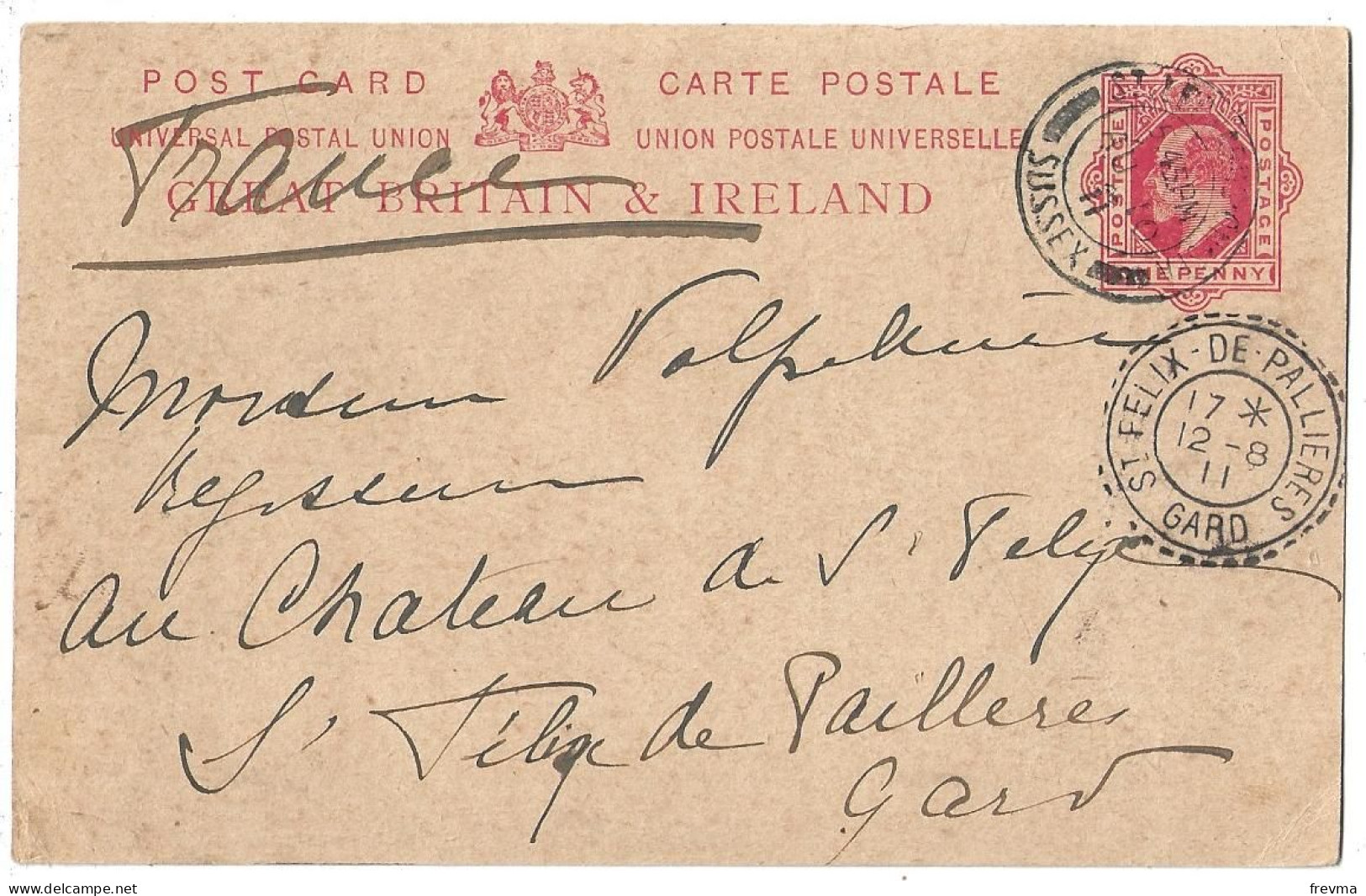 Entier Postaux Britain & Ireland Obliteration Dussex Oliteration St Felix De Pallieres 1911 - Postwaardestukken