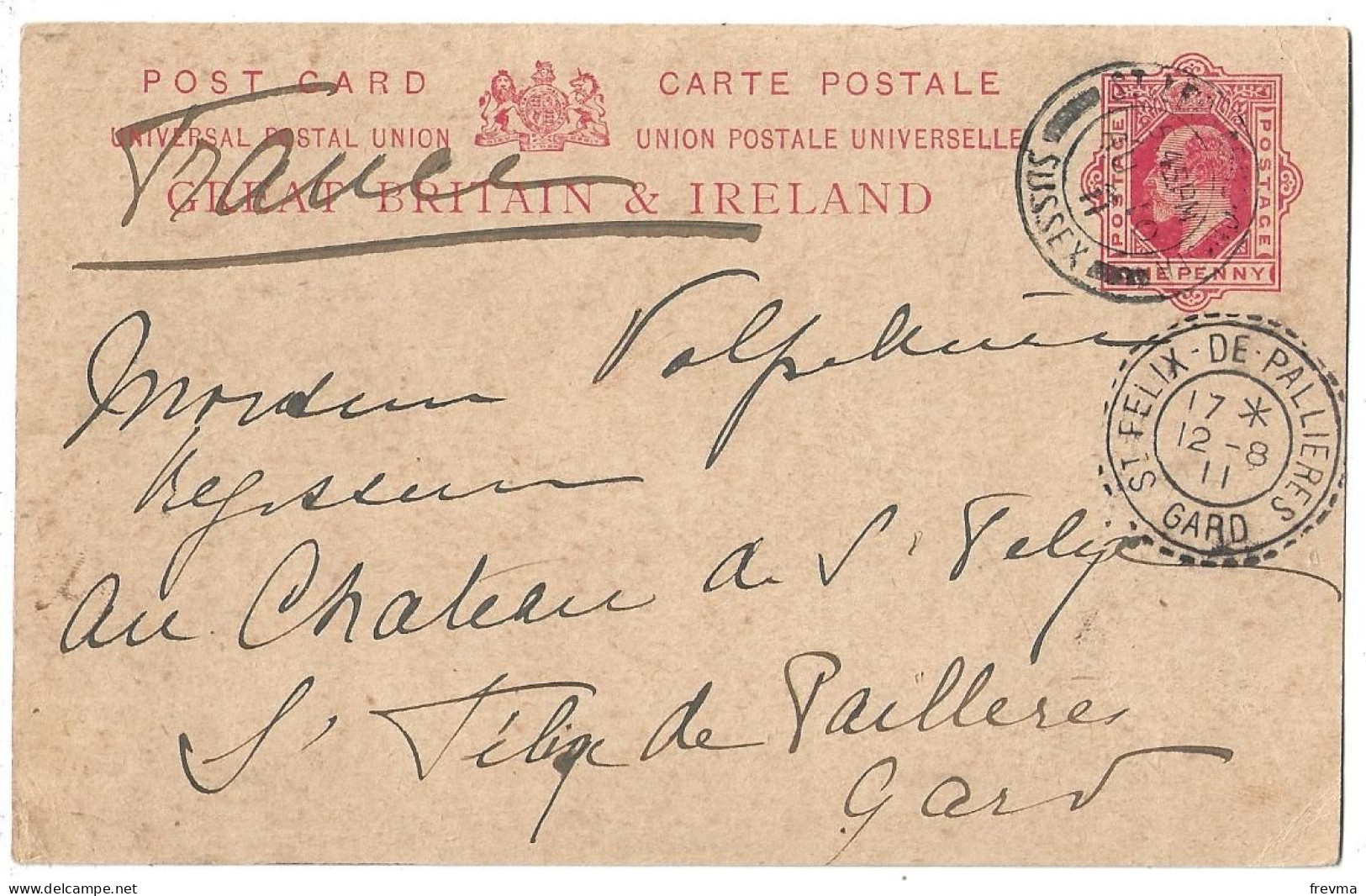 Entier Postaux Britain & Ireland Obliteration Dussex Oliteration St Felix De Pallieres 1911 - Interi Postali