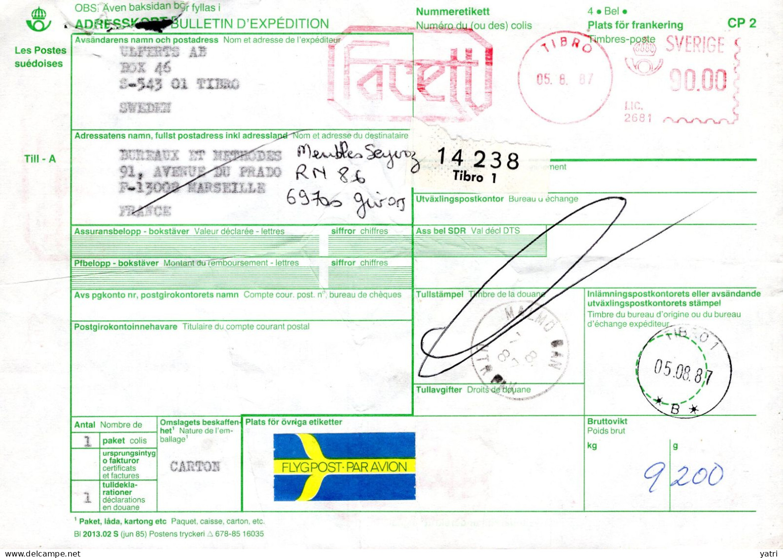 Svezia (1987) - Bollettino Pacchi Da Tibro Per La Francia - Cartas & Documentos
