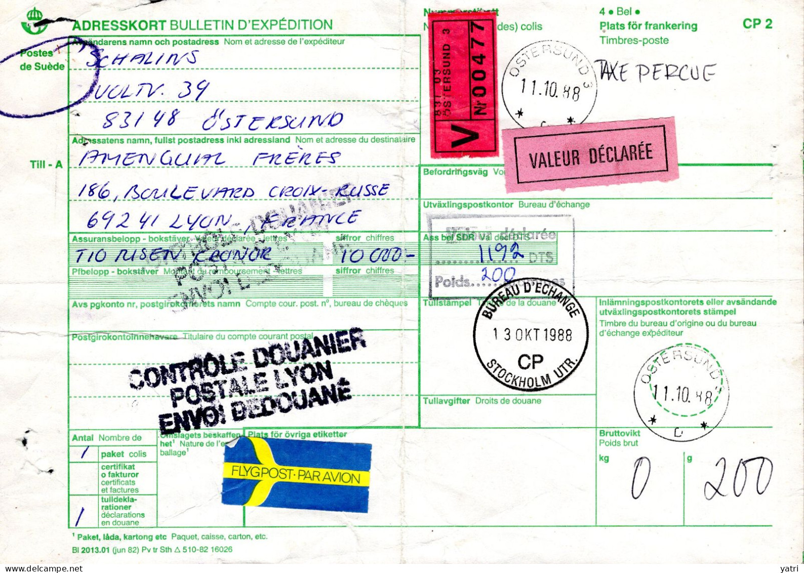 Svezia (1988) - Bollettino Pacchi Da Östersund Per La Francia - Brieven En Documenten