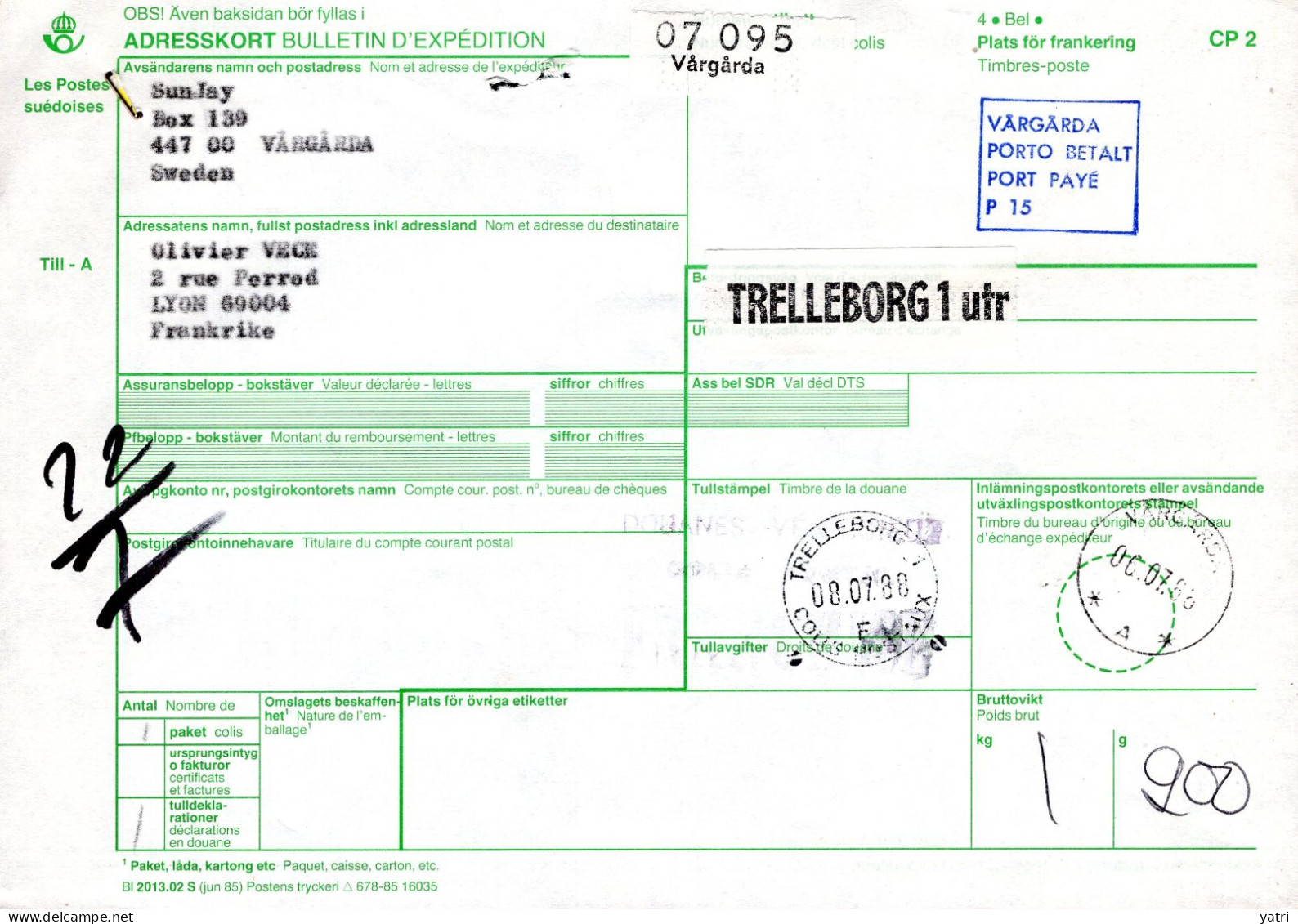 Svezia (1988) - Bollettino Pacchi Da Vårgårda Per La Francia - Lettres & Documents