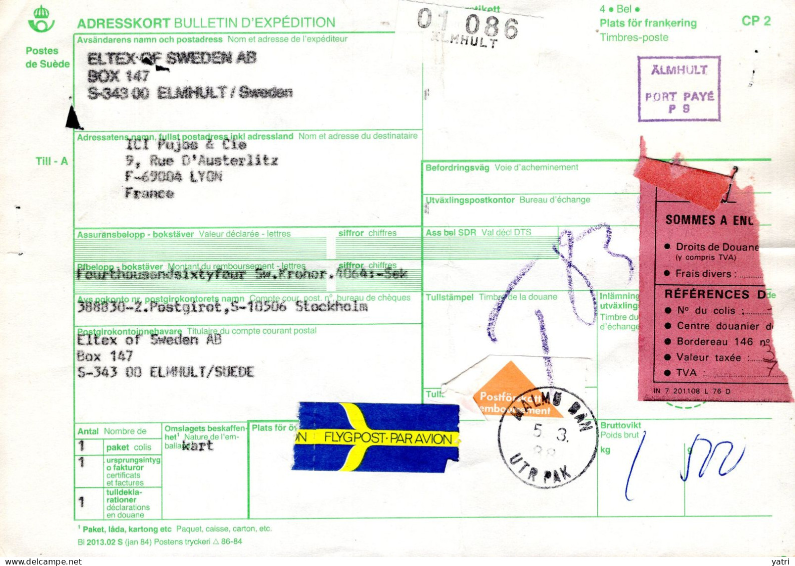 Svezia (1988) - Bollettino Pacchi Da Älmhult Per La Francia - Cartas & Documentos