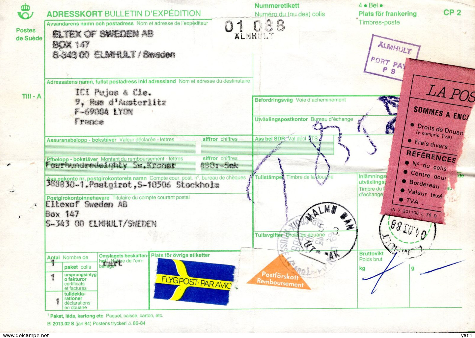 Svezia (1988) - Bollettino Pacchi Da Älmhult Per La Francia - Lettres & Documents