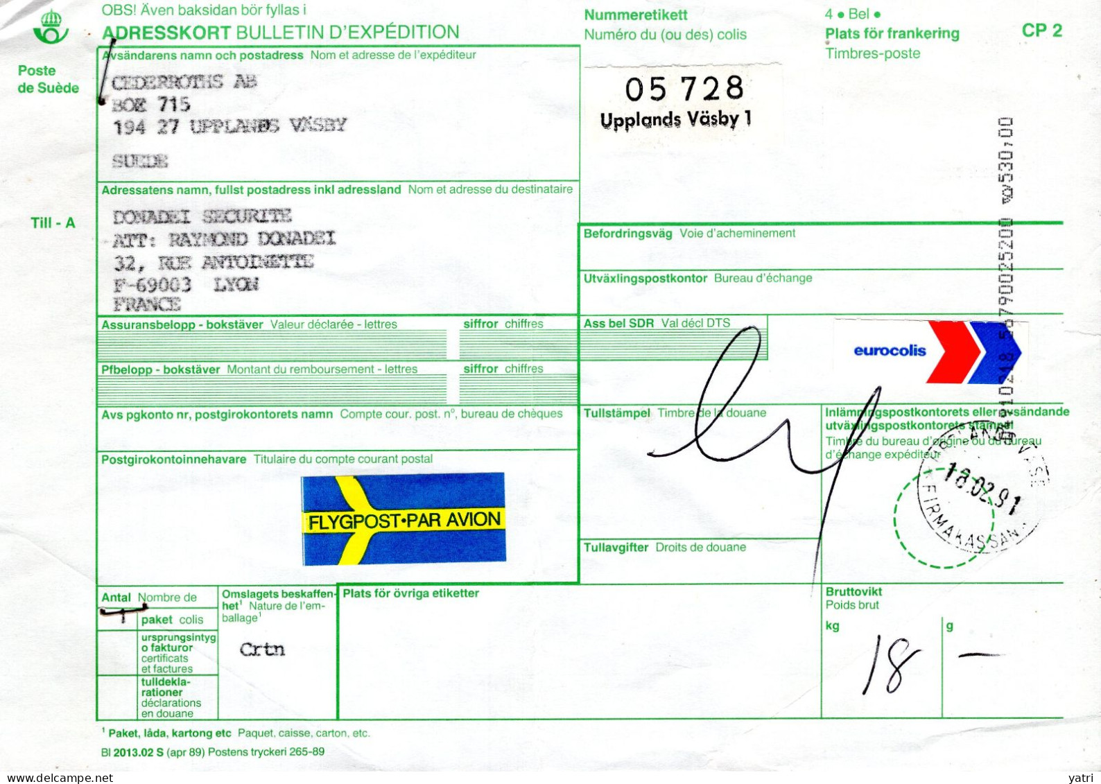 Svezia (1991) - Bollettino Pacchi Da Upplands Väsby Per La Francia - Briefe U. Dokumente