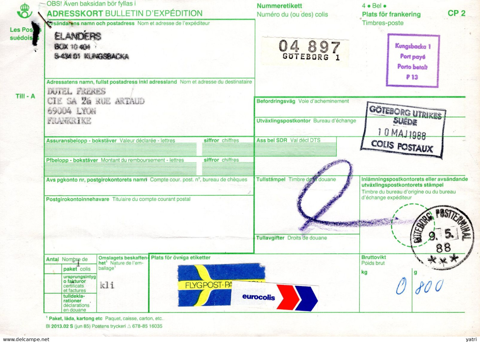 Svezia (1988) - Bollettino Pacchi Da Kungsbacka Per La Francia - Cartas & Documentos