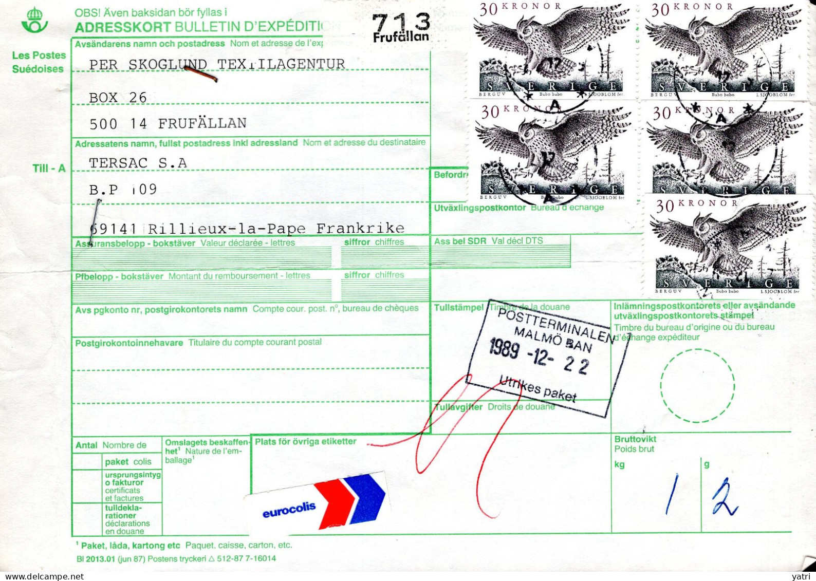 Svezia (1988) - Bollettino Pacchi Da Frufällan Per La Francia - Lettres & Documents