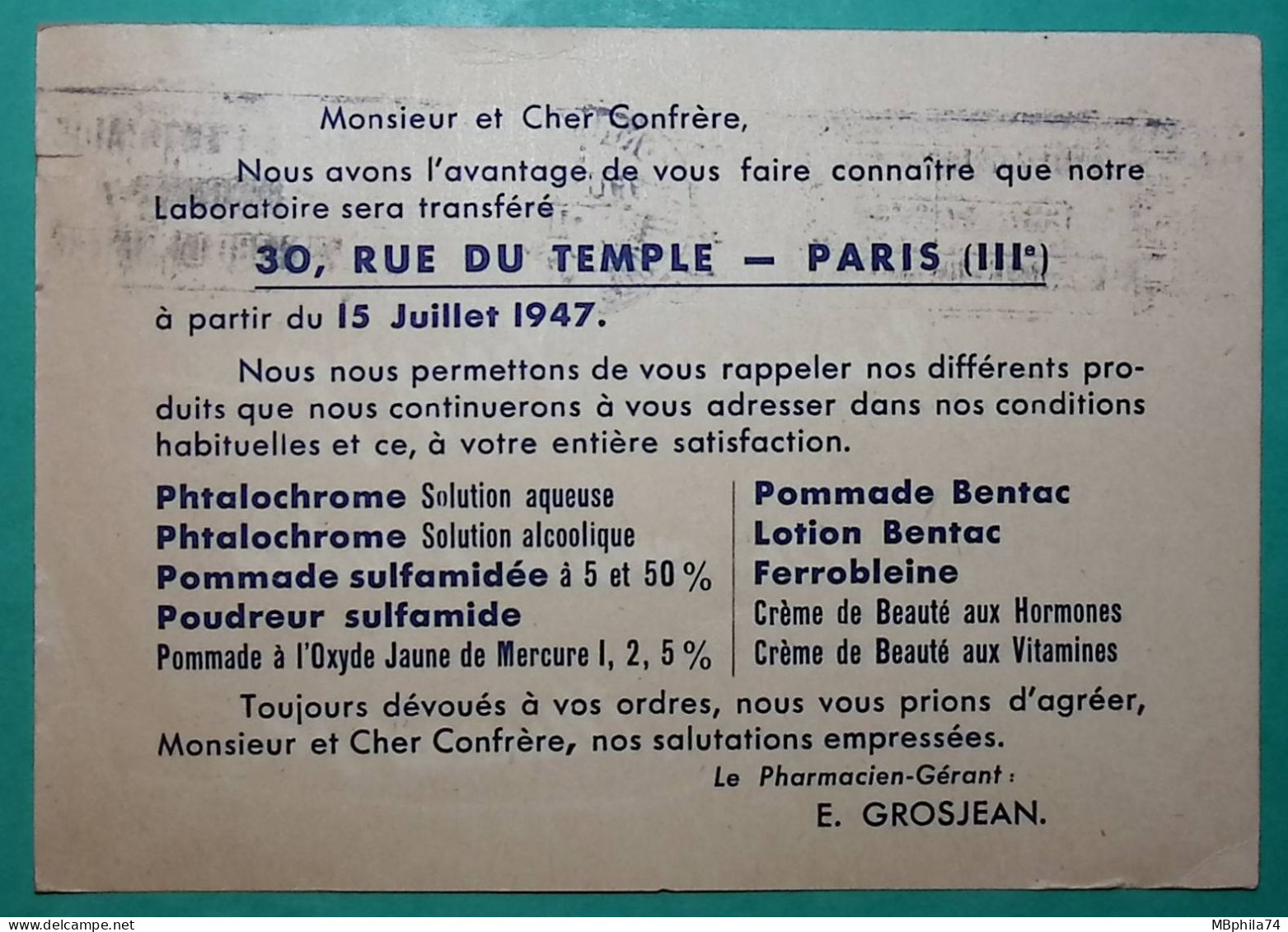 N°680 CERES MAZELIN CARTE POSTALE PUB LABORATOIRE DE PRODUITS ORGANIQUES LYON POUR CLERMONT FERRAND 1947 COVER FRANCE - 1945-47 Cérès De Mazelin