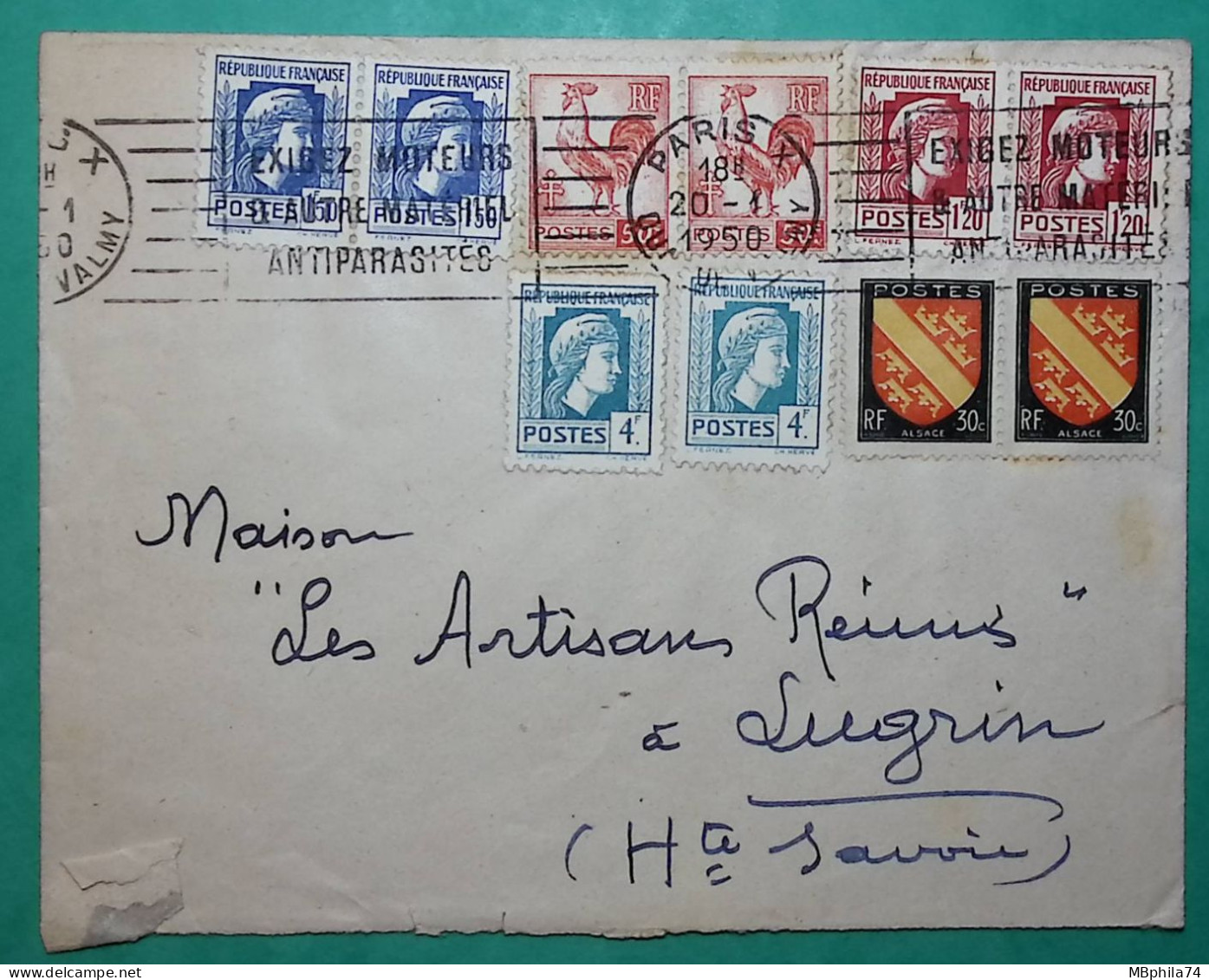 N°633 X3 + 638 X2 + 639 X2 + 643 X2 + 756 X2 BEL AFFRANCHISSEMENT COQ MARIANNE D'ALGER ARMOIRIES PARIS 1950 COVER FRANCE - 1944 Hahn Und Marianne D'Alger