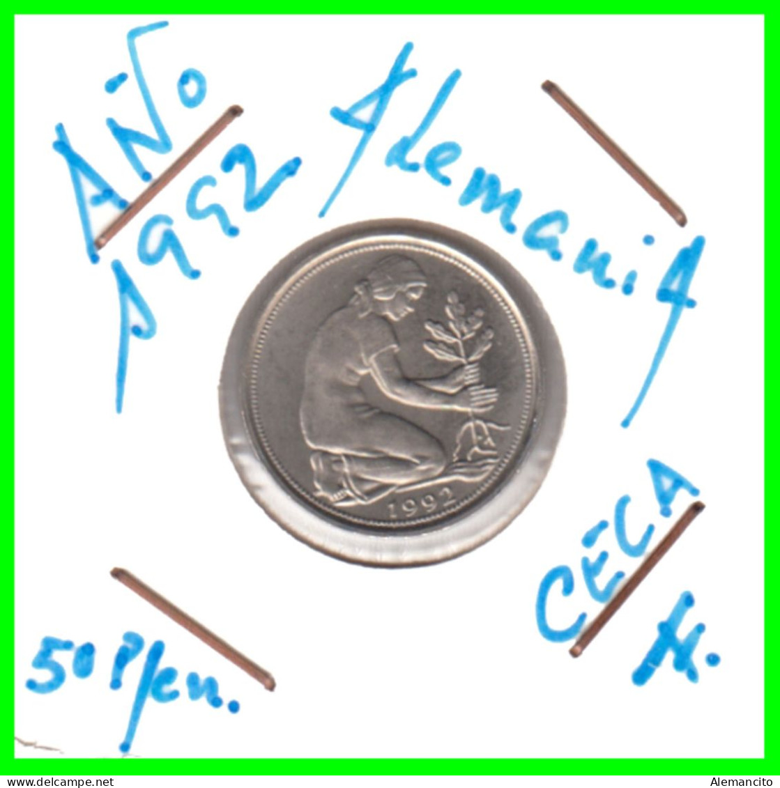 ALEMANIA - DEUTSCHLAND - GERMANY-MONEDA DE LA REPUBLICA FEDERAL DE ALEMIANIA DE 50 Pfn .DEL AÑO 1992 CECA - F -STUTTGART - 50 Pfennig