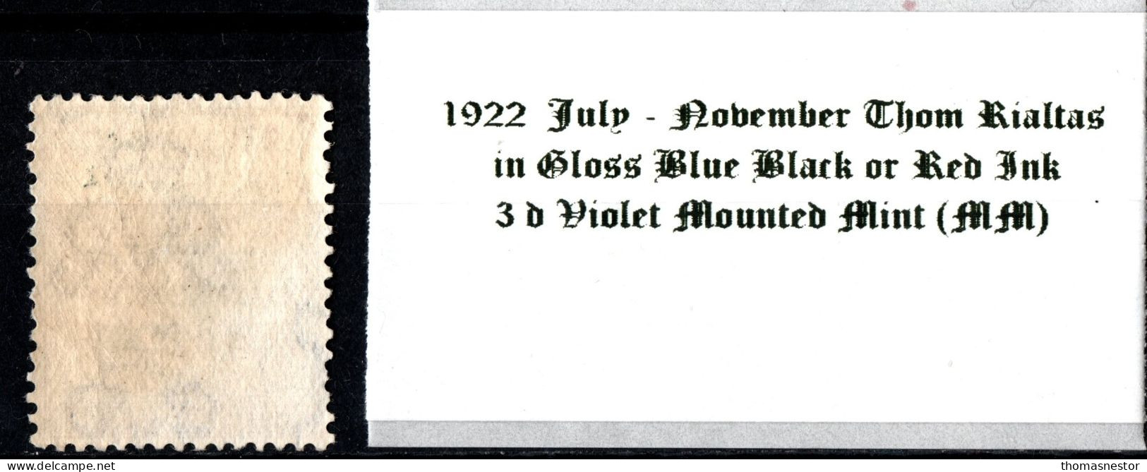 1922 July-November Thom Rialtas 5 Line Overprint In Shiny Blue Black Or Red Ink 3 D Violet Mounted Mint (MM) - Unused Stamps