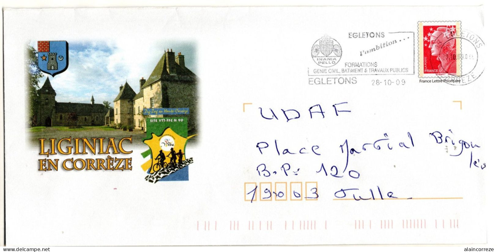 Entier Postal PAP Local Personnalisé Corrèze Liginiac Site VTT FFC Vélo église, Blason, Tour - Listos Para Enviar: Transplantes /Lamouche