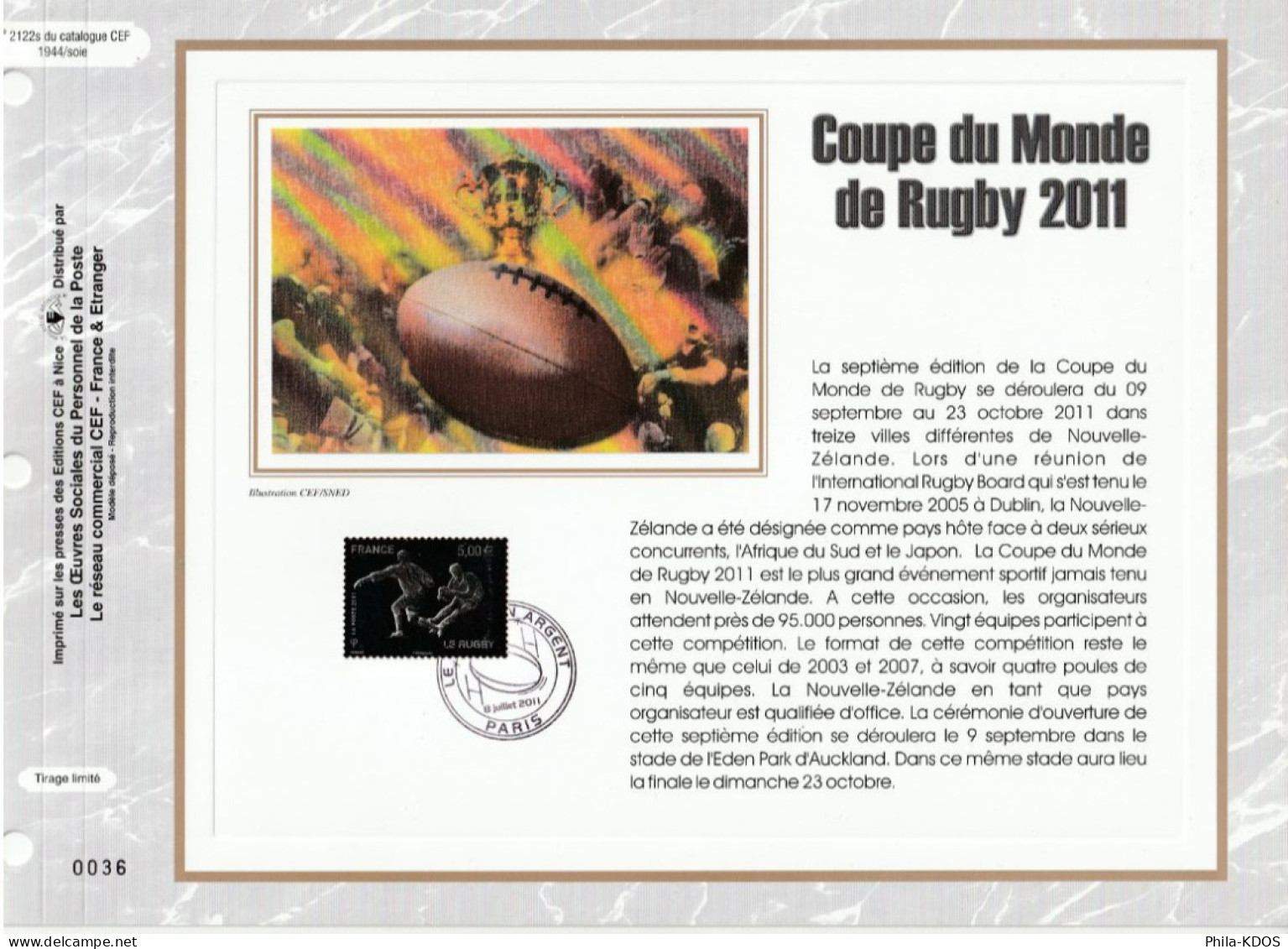 (TIMBRE EN ARGENT FACIALE = 5€) " COUPE DU MONDE DE RUGBY 2011 " Sur Feuillet CEF 1er Jour SOIE N° YT ADH 597 Parf état. - Rugby