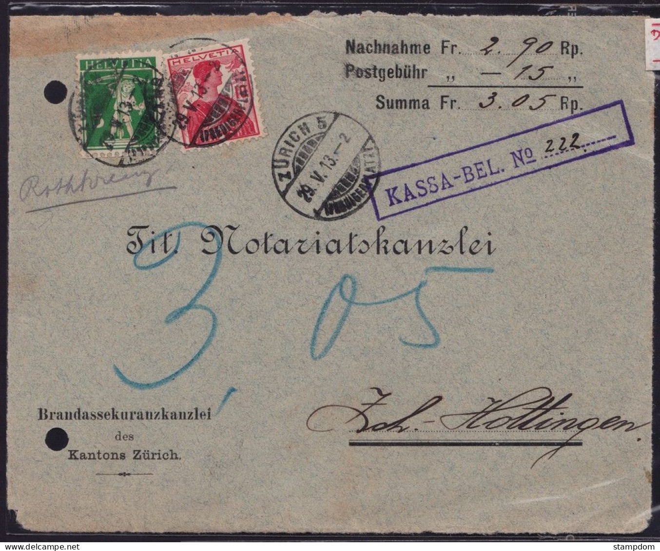 SWITZERLAND 1913 5c & 10c Insurance Receipt  @D3324 - Other & Unclassified