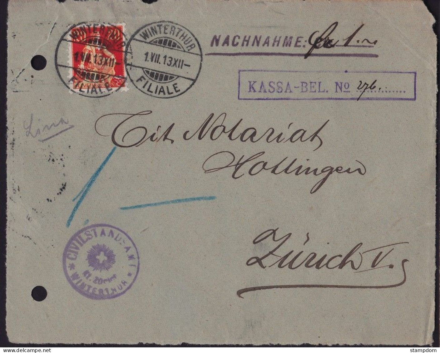 SWITZERLAND 1913 20c Receipt  @D3323 - Other & Unclassified